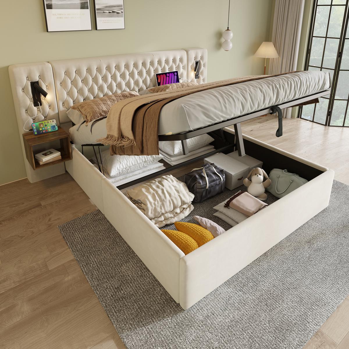 DOPPELBETT Beige 261/210/105 cm - Beige, Holzwerkstoff/Textil - Urban Meuble