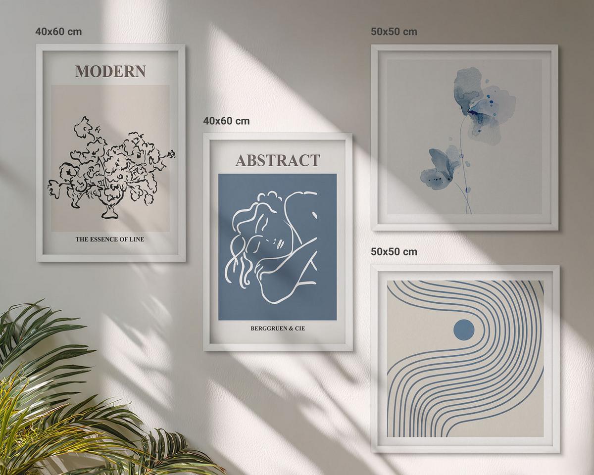 BILDER SET 4er Set - 50x50 cm & 40x60 cm Weißer Rahmen - abstrakte Poster mit Blumenlinien - Weiß, Kunststoff (50/50cm) - TULUP