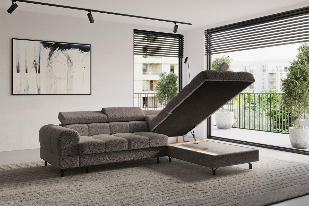 ECKSOFA mit Schlaffunktion Ottomane Rechts LUMA-L 272x203x70 Braun Bouclé - Schwarz/Braun, Holzwerkstoff/Kunststoff (203/272cm) - ALTDECOR