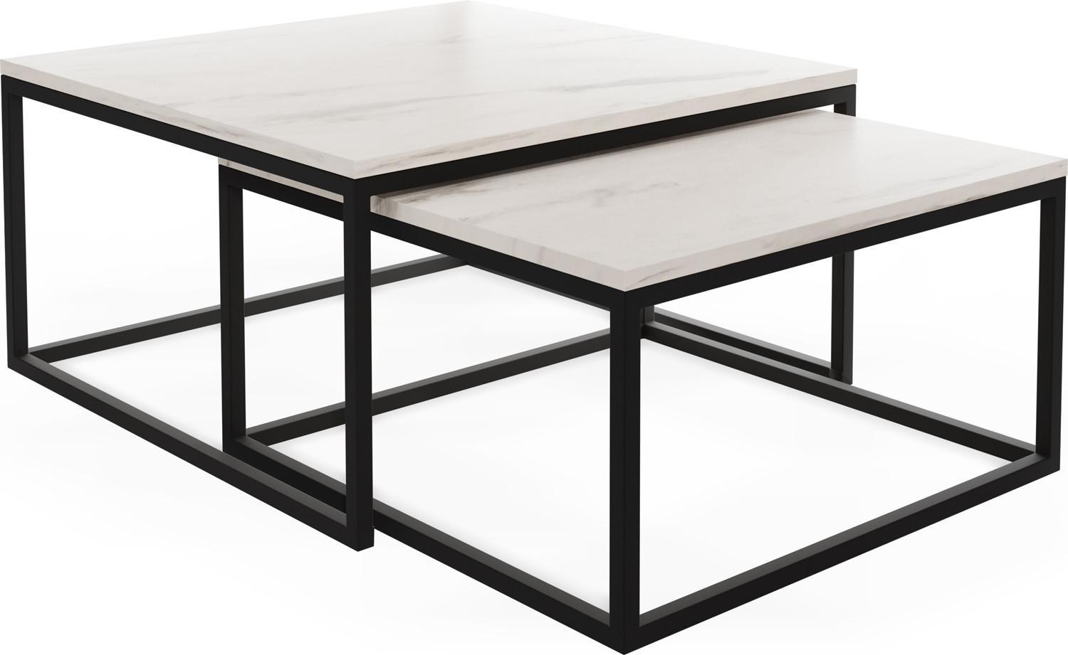 COUCHTISCHE Vella 2er-Set quadratisch, Marmor Weiß 76/76/39cm + 66/66/34 cm - Ecru/Schwarz, Holzwerkstoff/Metall (76/76/39cm) - WFL GROUP