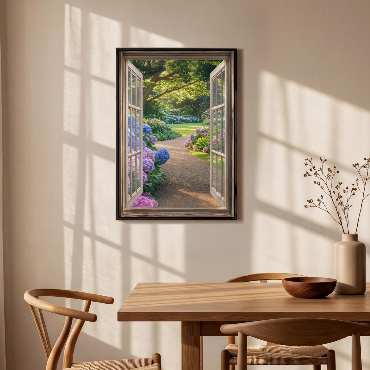 LEINWAND Bilder mit Rahmen - Aussicht - Garten - Fenster - Hortensie - Blumen - 60x90 - Pastellblau, Textil (60/90cm) - MuchoWow