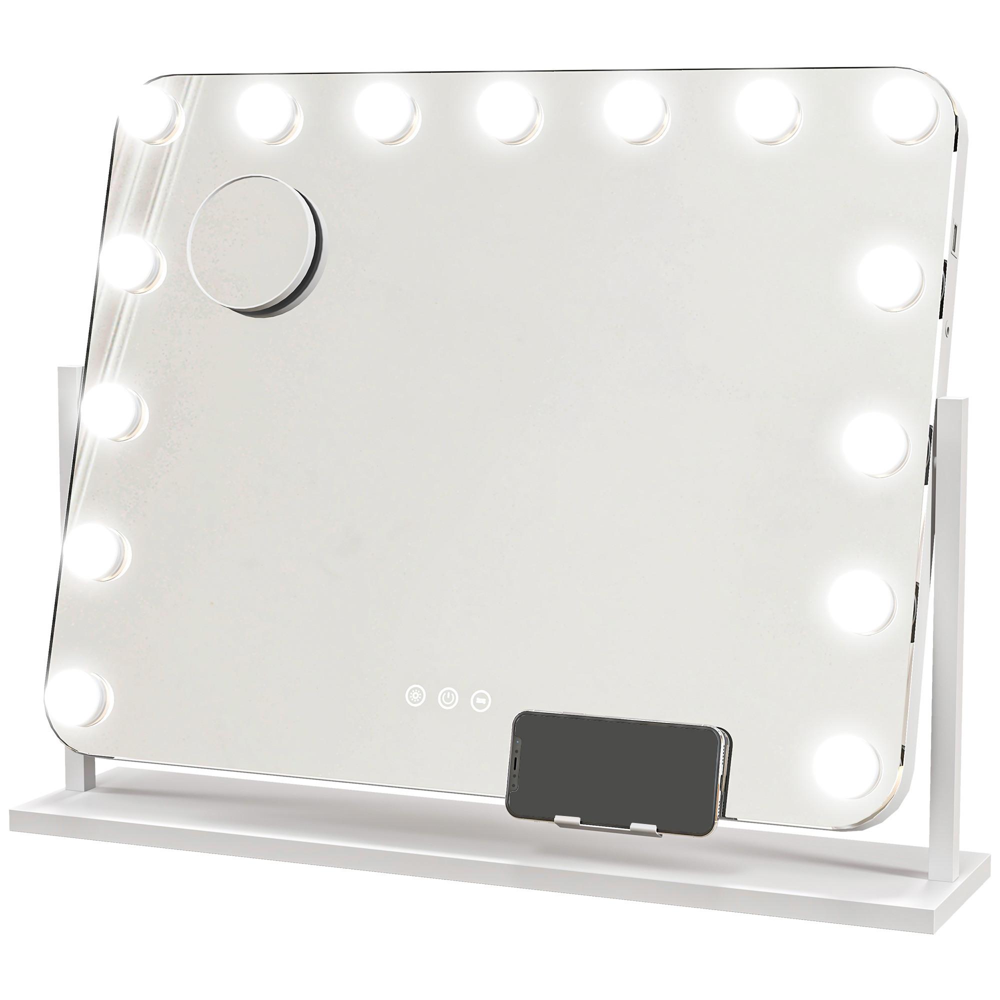 HOLLYWOOD Spiegel mit Beleuchtung 62,5 x 52 cm Schminkspiegel mit 15 LED Licht - Weiß, Metall (62.5/52/14cm) - HOMCOM