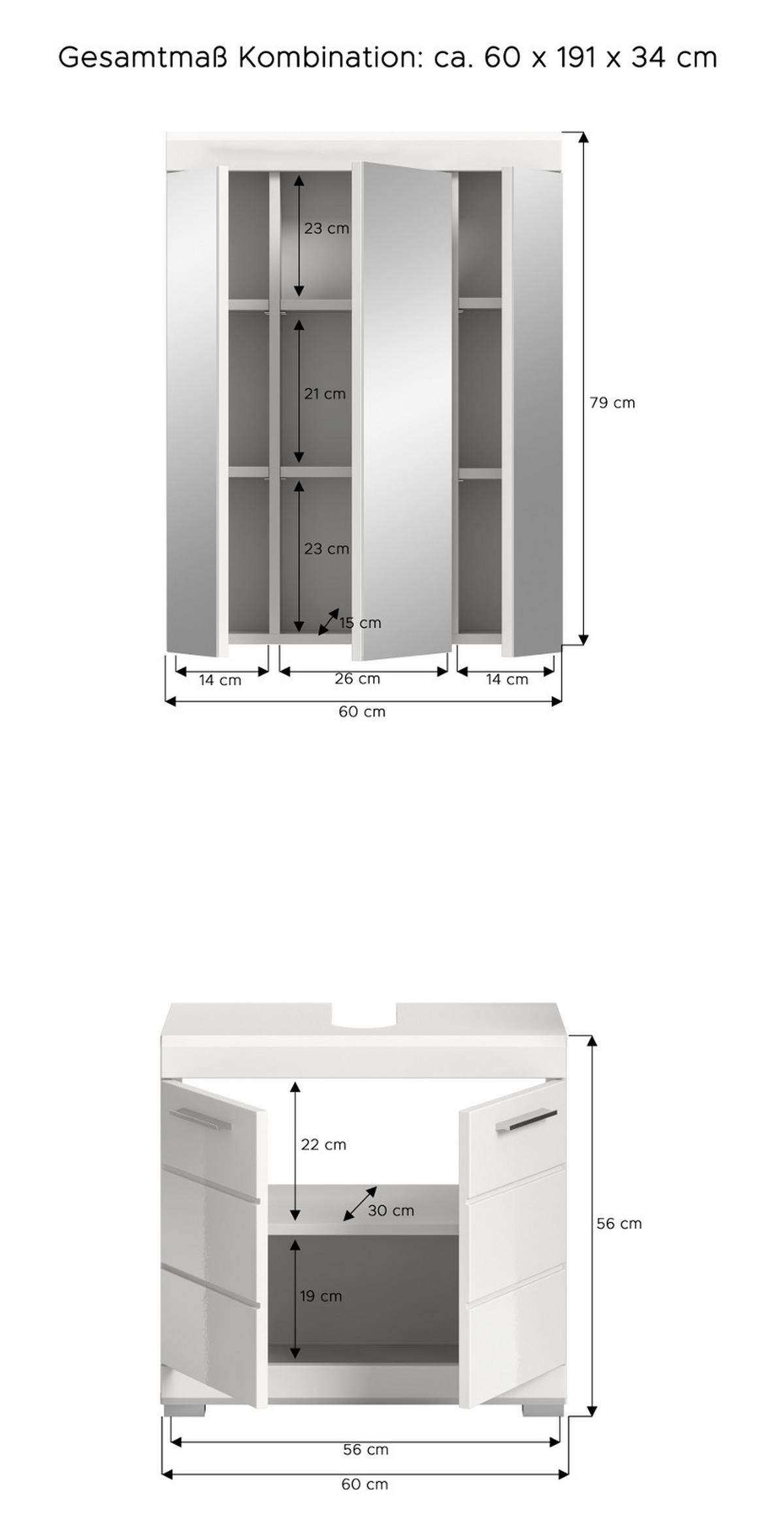 BADMÖBEL-SET weiß Hochglanz 2-teilig 60 cm, Kombination mit Spiegelschrank - Weiß Hochglanz, Glas/Holzwerkstoff (60/191/34cm) - Inn.Furn
