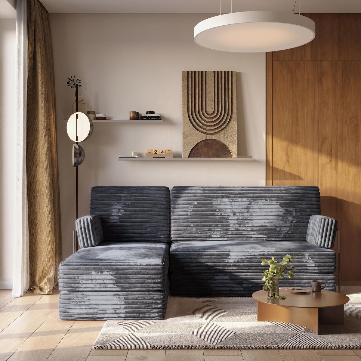 ECKSOFA NOTIA modulares Boneless Sofa mit Schlaffunktion Grau Kordstoff - Dunkelgrau, Textil (200/120cm) - MASSENO