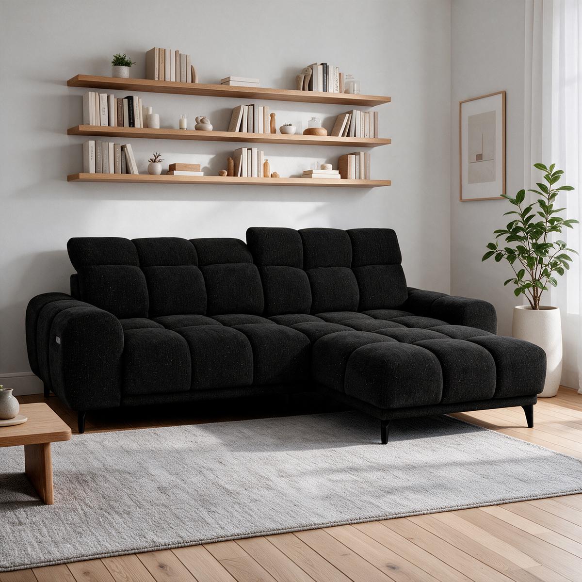 ECKSOFA Marco Mini mit elektrisch ausfahrbarem Sitz und verstellbaren Kopfstützen, Rechts, Chenille-Stoff, Schwarz - Schwarz, Textil (275/182cm) - Beautysofa