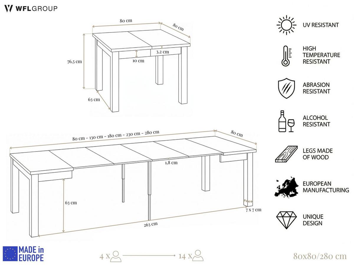 ESSTISCH Toren Weiß ausziehbar verlängerbar quadratisch, Kaschmir 80-280/80/76.5 cm - Kaschmir/Beige, Holz/Holzwerkstoff (80/280/76.5cm) - WFL GROUP