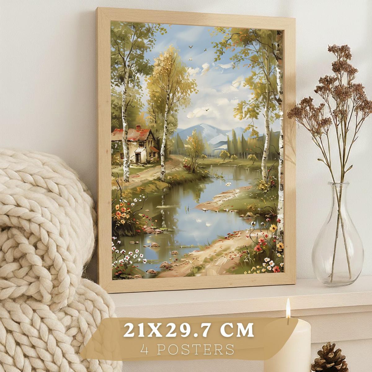 POSTER 4er Bilder-Set Wandbilder Impressionismus Landschaft modern Wohnzimmer Deko, Schlafzimmer, Küche, Badezimmer Rahmenlos A3 - Klar, Papier (29.7/1/42cm) - Nacnic