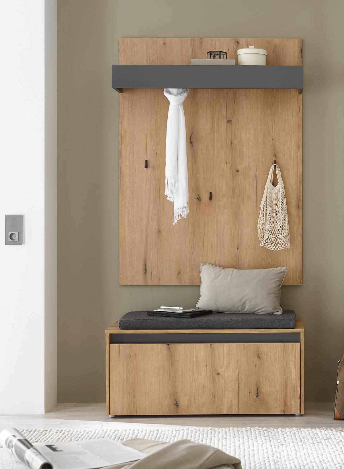 GARDEROBEN-SET Evoke Eiche, grau 100 cm 3-teilig, Flurgarderobe inkl. Sitzkissen - Eichefarben/Schwarz, Holzwerkstoff/Kunststoff (100/200/40cm) - Furn.Design