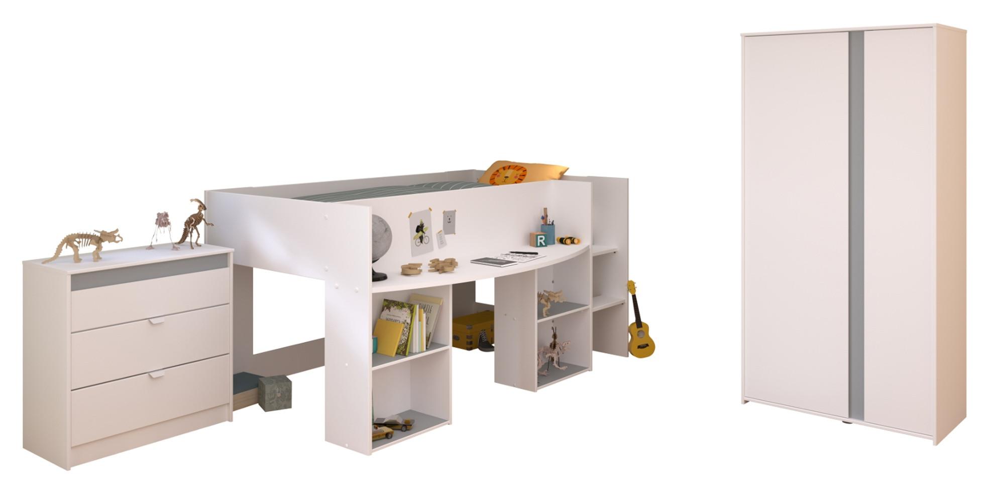 KINDERZIMMER Set 3-tlg. mit Hochbett Kleiderschrank Kommode Bett 90x200 - Weiß/Rosa, Holz/Holzwerkstoff (205/182/132cm) - Parisot Meuble