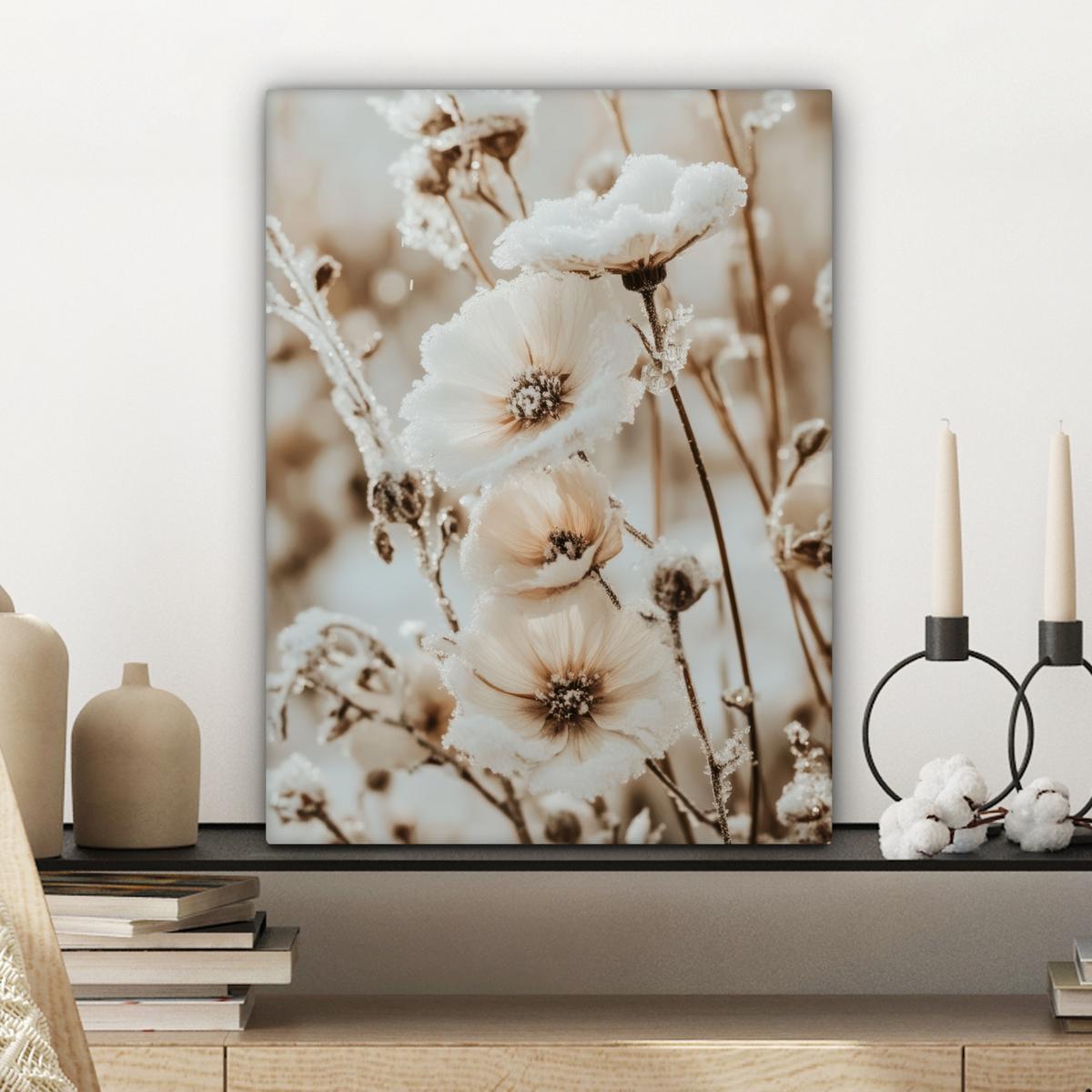 LEINWANDBILD Blumen - Winter - Weiß - Schnee - Beige Room Decor 30x40 cm - Creme, Textil (30/40cm) - MuchoWow
