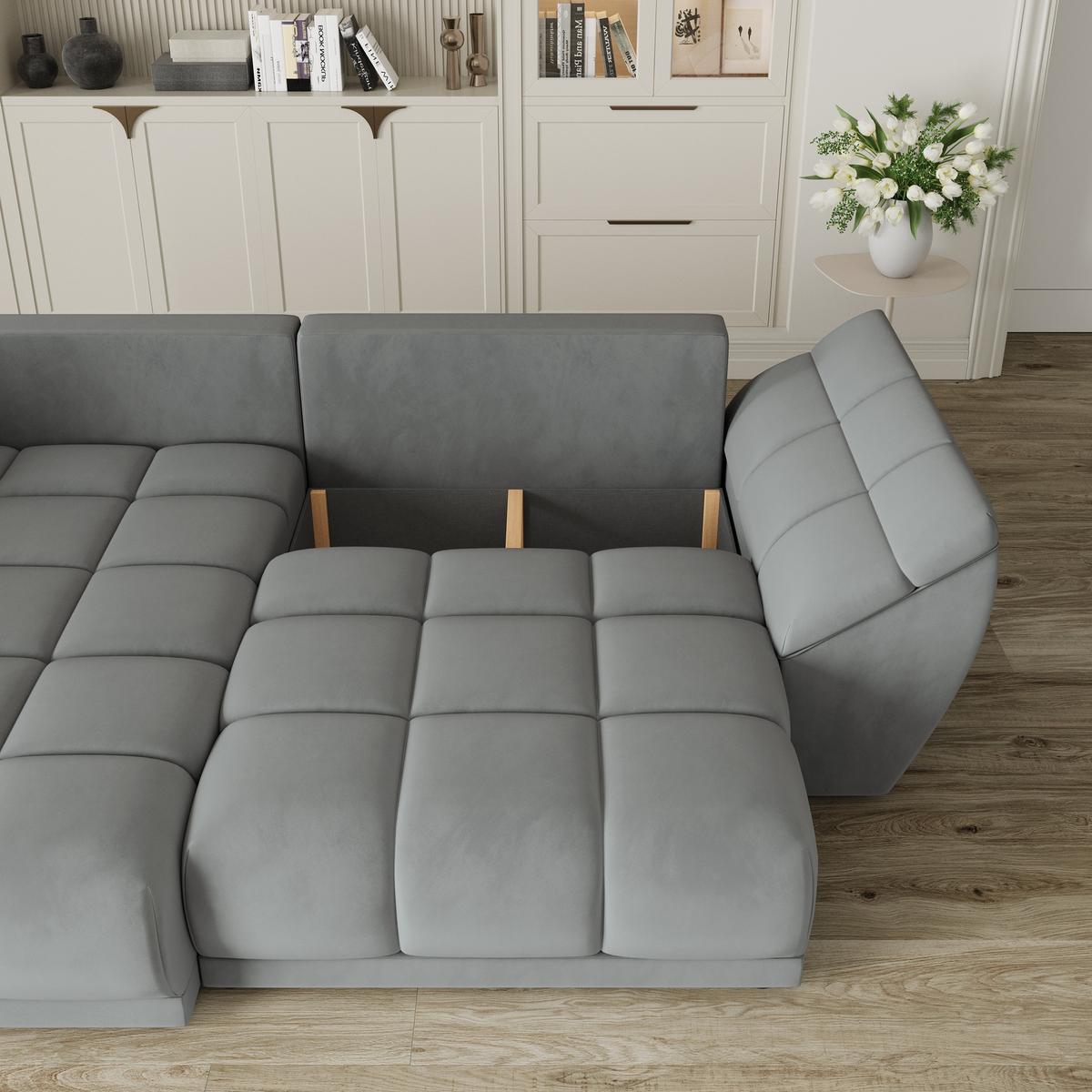 ECKSOFA ORENTI L-S Grau Velours-Stoff mit Schlaffunktion - Grau, Holz (287/182cm) - MASSENO