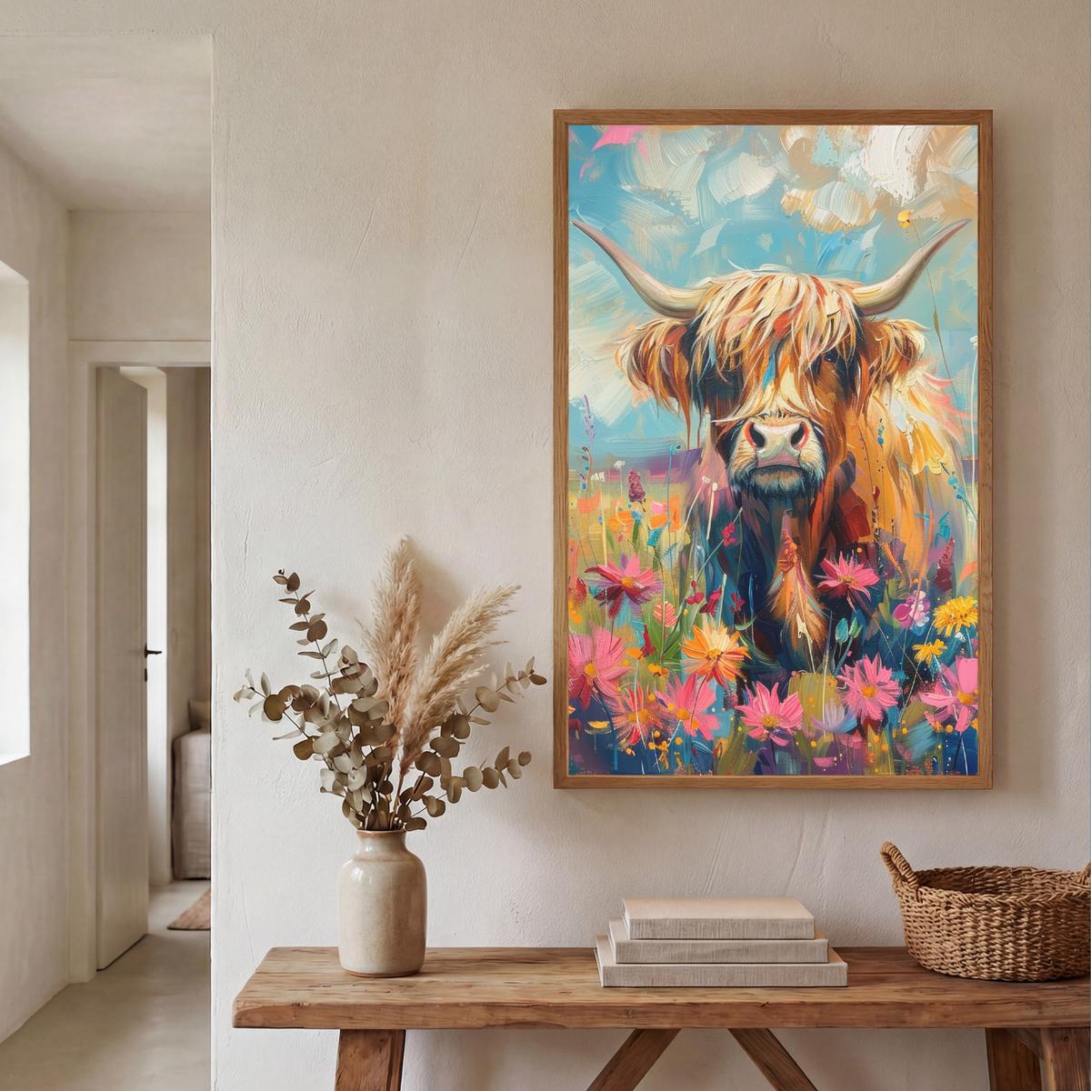 WANDLEUCHTE MIT AKKU Schottische Hochländer - Natur - Farbenfroh - Blumen 70x100 cm - Multicolor, Holzwerkstoff (70/100/8cm) - OnlyWow