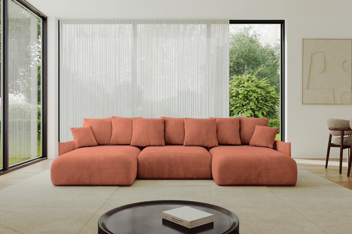 WOHNLANDSCHAFT mit Schlaffunktion und Bettkasten ONESK-U-v1 317x177x72 Apricot Velours - Koralle, Holzwerkstoff/Kunststoff (317/72/177cm) - ALTDECOR