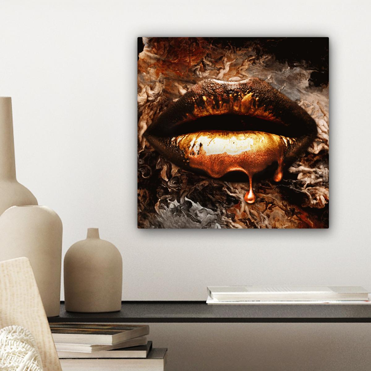 LEINWANDBILD Gold - Lippen - Kunst - Gold - Luxus - Abstrakt Deko Wohnzimmer 20x20 cm - Kupferfarben, Textil (20/20cm) - MuchoWow