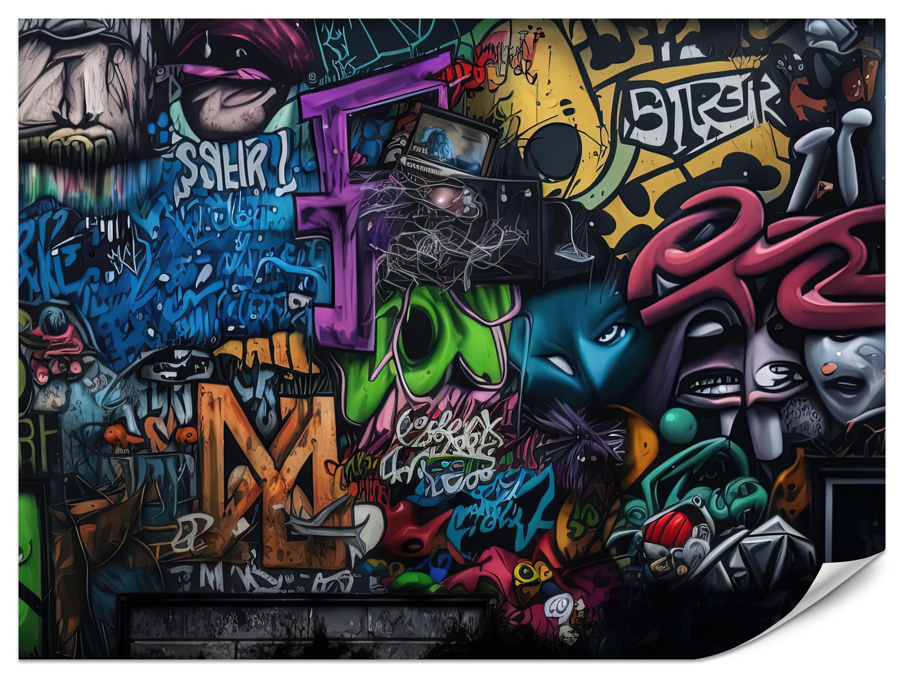 FOTOTAPETE für Jugendzimmer Bunte Graffiti Figura Schrift Abstrakt 500x350 - Blau/Pink, Papier (500/350cm) - Muralo