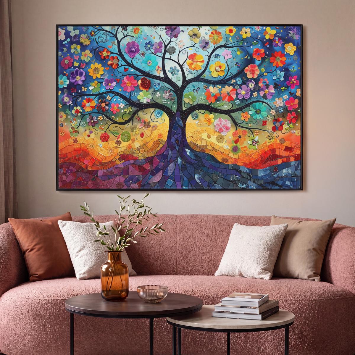 LEINWAND Bilder mit Rahmen - Kunst - Baum des Lebens - Blumen - Hippie - 120x80 - Dunkelblau, Textil (120/80cm) - MuchoWow