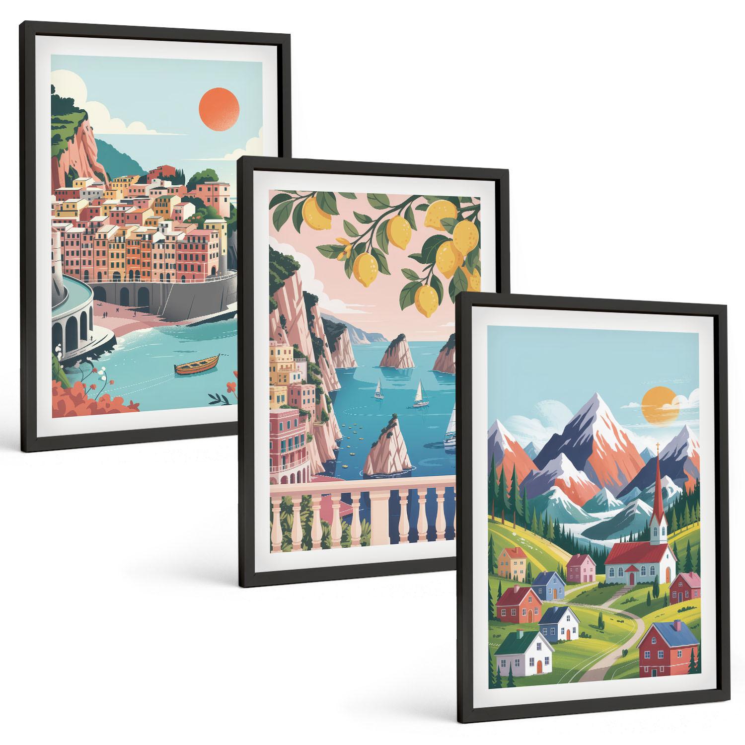BILDER SET 3er Set - 40x60 cm Schwarzer Rahmen - Farbenfrohe Berge und Städte - Schwarz, Kunststoff (40/60cm) - TULUP
