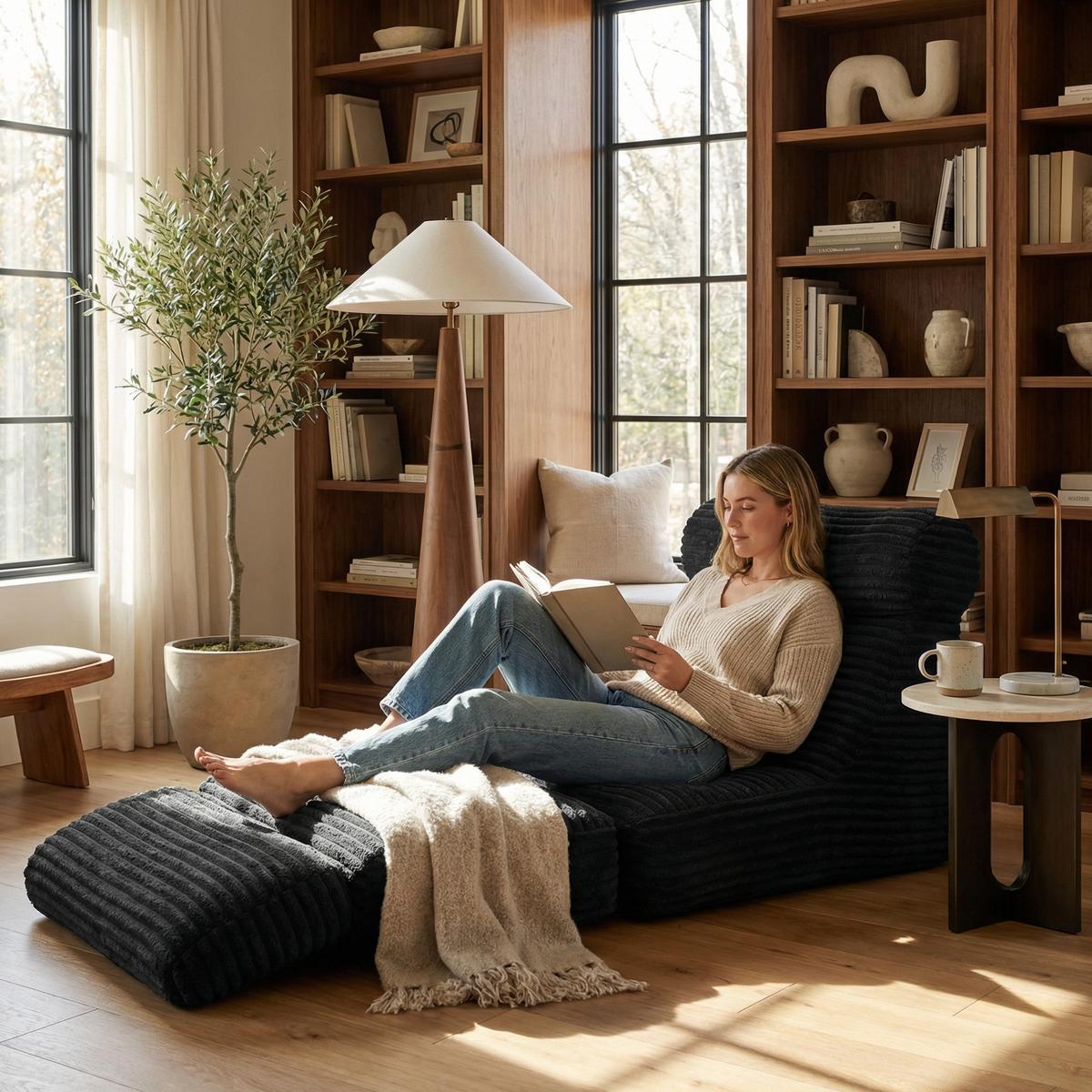SCHLAFSESSEL 2-in-1 Bodensofa & Schlafsessel in Cord-Optik Montagefreii - Schwarz, Textil (83/83/83cm) - Urban Meuble