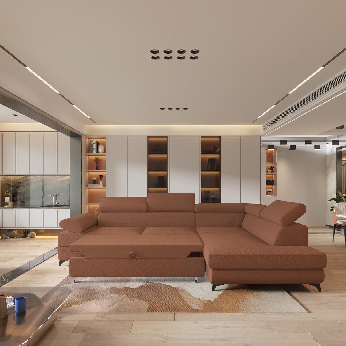 ECKSOFA FAVIEN R-S Kupferfarben Boucle-Stoff mit Schlaffunktion - Kupferfarben, Holz (257/190cm) - MASSENO