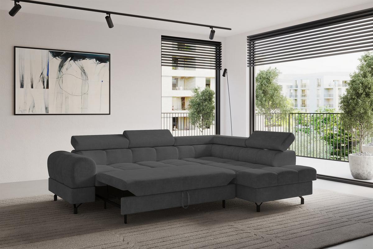 ECKSOFA mit Schlaffunktion Ottomane Rechts LUMA-L 272x203x70 Dunkelgrau Velours - Dunkelgrau/Schwarz, Holzwerkstoff/Kunststoff (203/272cm) - ALTDECOR