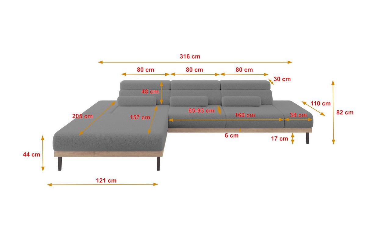 ELEKTRISCHES ECKSOFA Links MONA 316x205x85 Grau Bouclé - Silberfarben/Grau, Holzwerkstoff/Textil (316/205cm) - ALTDECOR