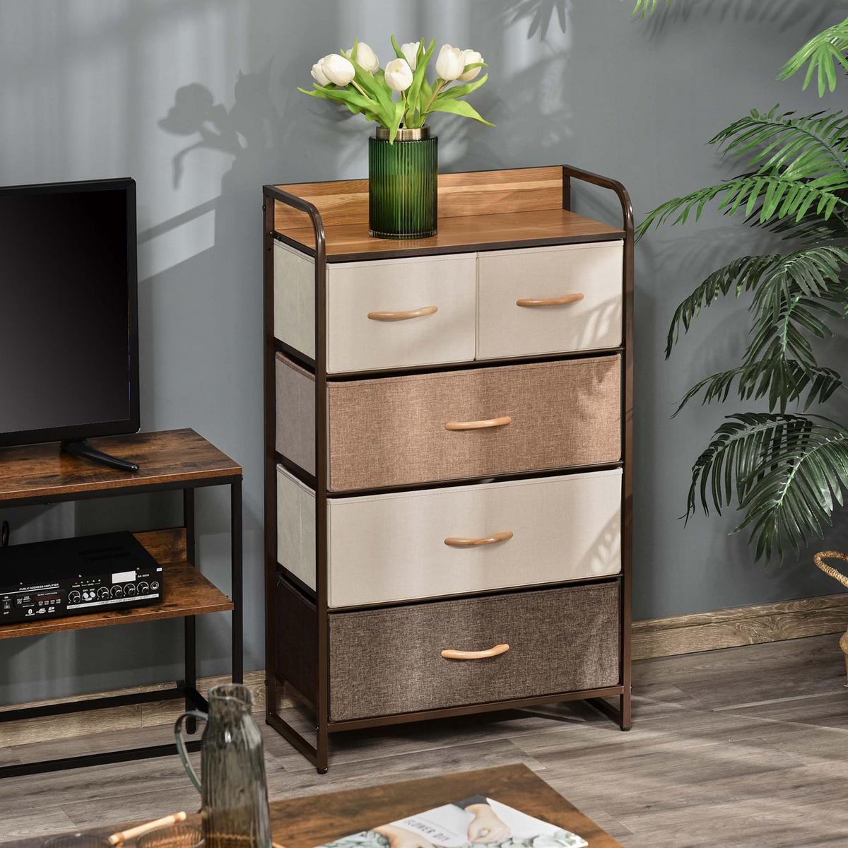 KOMMODE, Sideboard mit 5 Faltbaren Stoff-Schubladen, Braun - Braun, Textil (29/99/58cm) - HOMCOM