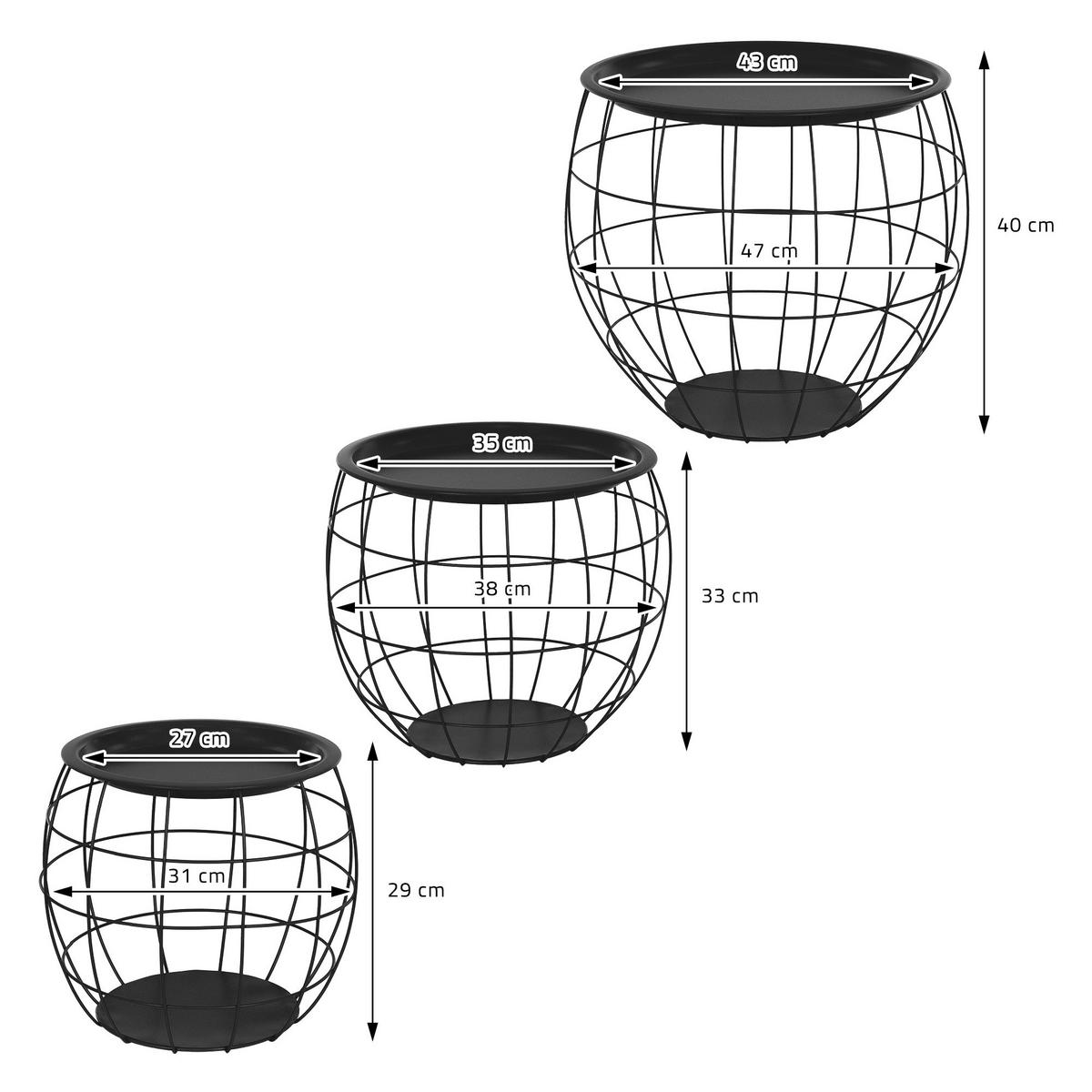 BEISTELLTISCH rund Ø31cm/Ø38cm/Ø47cm Schwarz aus Metall - Schwarz, Metall (43/43/40cm) - ML-DESIGN