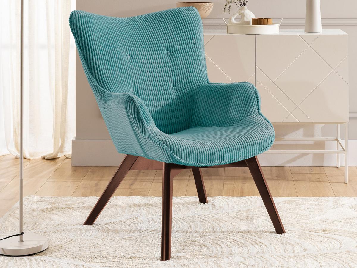 LOUNGESESSEL mit Fußhocker Lenari Türkis Cordstoff mit Füßen in Braun - Türkis/Braun, Holz/Textil (71/96/86cm) - S-Style Möbel