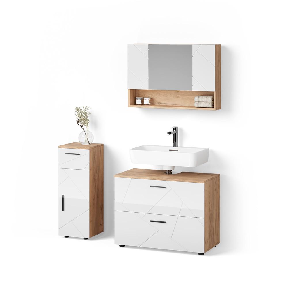 BADMÖBEL-SET Ronco Weiß Hochglanz/Goldkraft Eiche 3 Teile, mit Schubladenschrank und Midischrank - Honigeiche/Weiß Hochglanz, Holzwerkstoff (80/58/41cm) - Livinity®