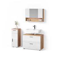BADMÖBEL-SET Ronco Weiß Hochglanz/Goldkraft Eiche 3 Teile, mit Schubladenschrank und Midischrank - Honigeiche/Weiß Hochglanz, Holzwerkstoff (80/58/41cm) - Livinity®