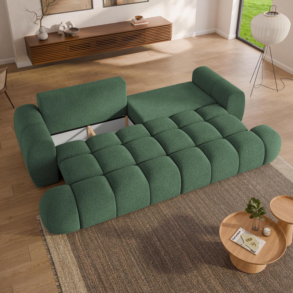 BETTSOFA DAFNE Grün Bucle-Stoff mit Schlaffunktion - Grün, Textil (300/88/113cm) - MASSENO