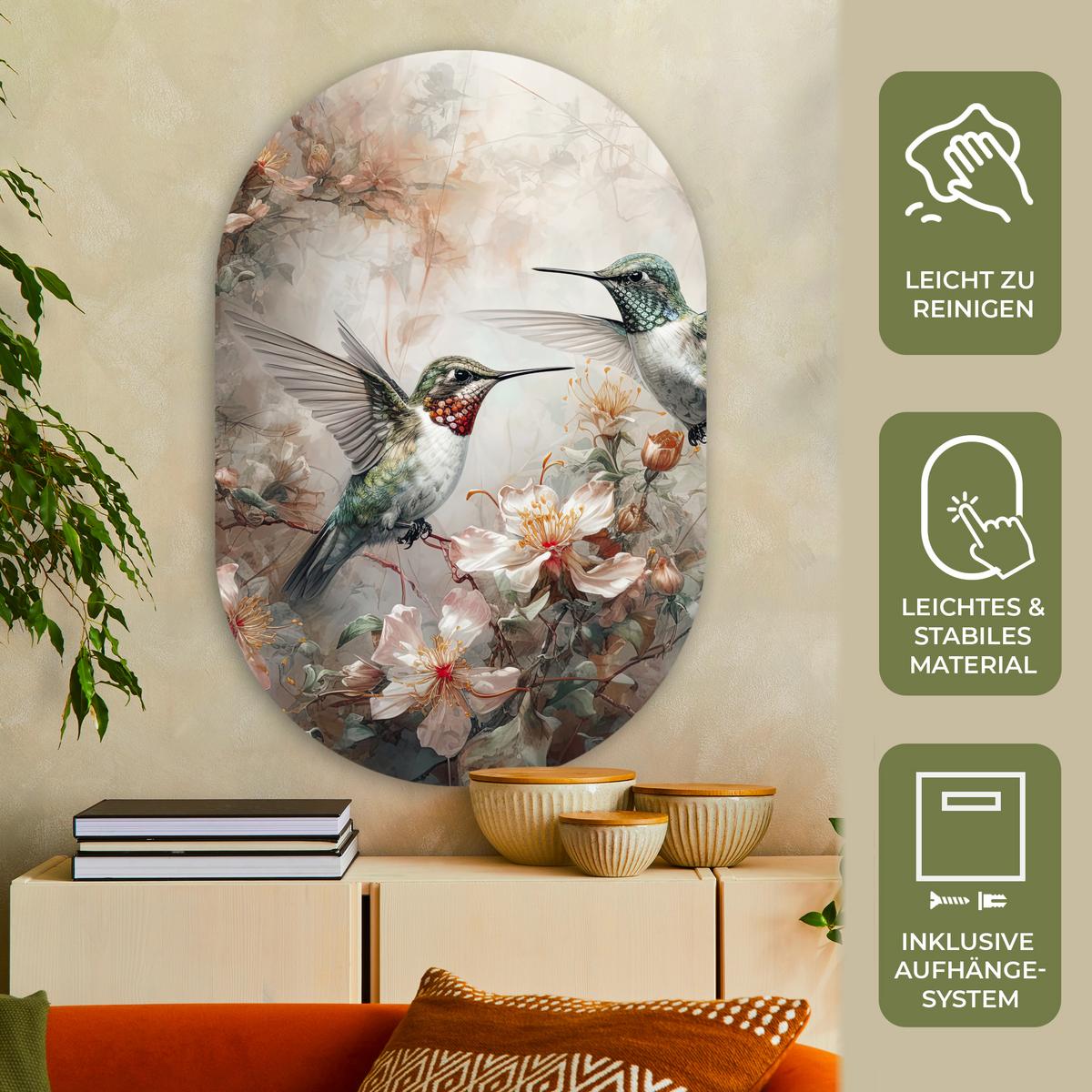 WANDBILD Kolibri - Vögel - Blumen - Pflanzen Deko Groß 80x120 cm - Hellgrün, Kunststoff (80/120cm) - MuchoWow