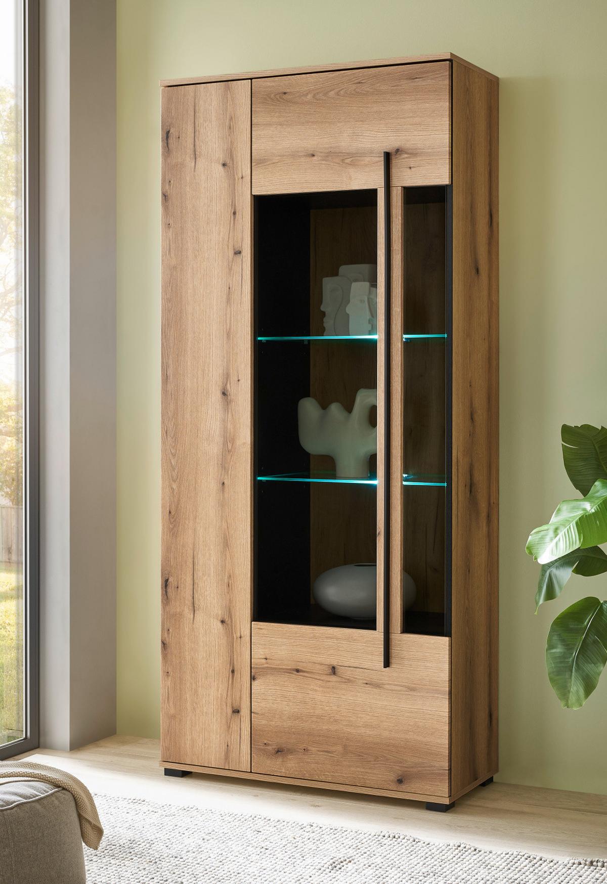 VITRINE Eiche Evoke, großer Vitrinenschrank 90 x 200 cm inklusive Beleuchtung - Eichefarben/Schwarz, Glas/Holzwerkstoff (90/200/37cm) - Furn.Design