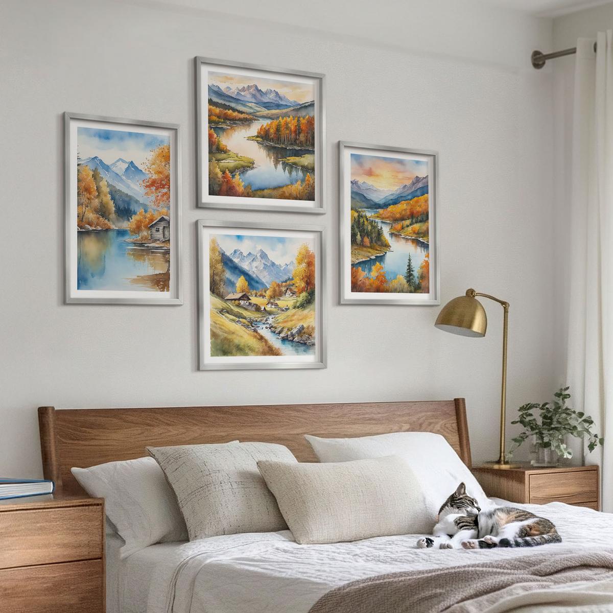 BILDER SET 4er Set - 50x50 cm & 40x60 cm Silberner Rahmen - Herbstliche Berge, Flusshütte - Silberfarben, Kunststoff (50/50cm) - TULUP
