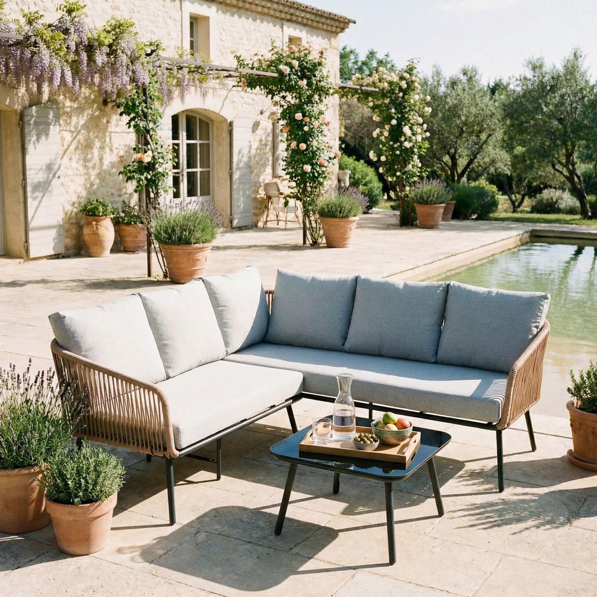 GARTENLOUNGE JAKARTA 3er Set braun, schwarz, hellgrau - Braun/Grau, Metall - IDIMEX