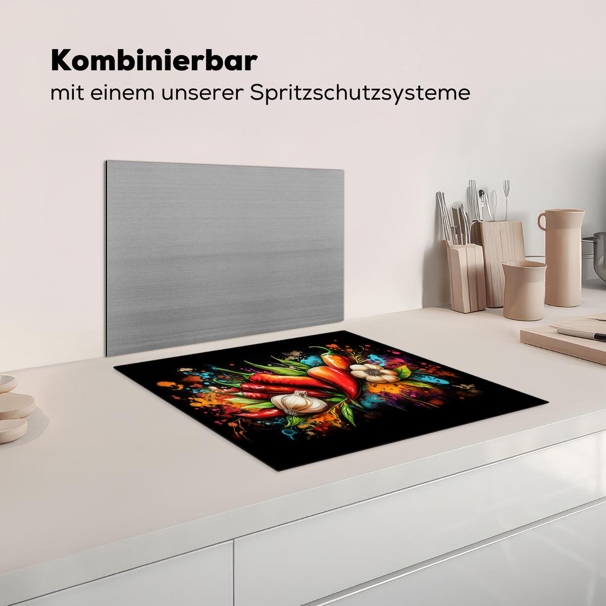 HERDABDECKPLATTE Gemüse - Paprika - Knoblauch - Graffiti - Farbe - Bunt Ceranfeldabdeckung 59x52 cm - Rot, Kunststoff (59/52/0.2cm) - MuchoWow