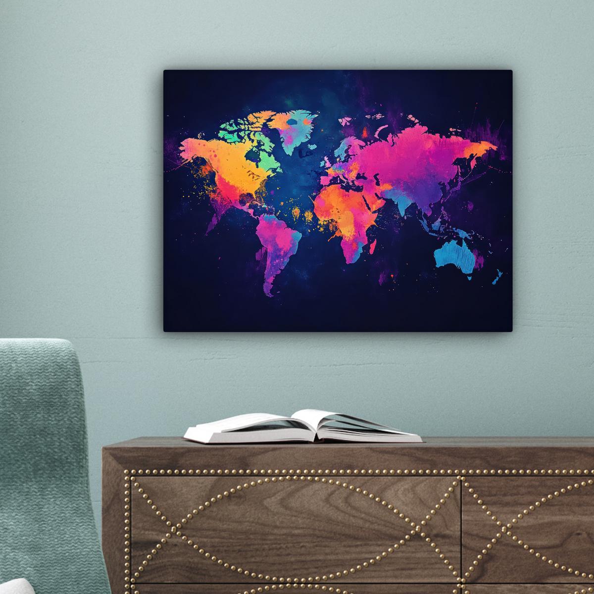 LEINWANDBILD Weltkarte - Bunt - Graffiti Wandbild 40x30 cm - Multicolor, Textil (40/30cm) - MuchoWow