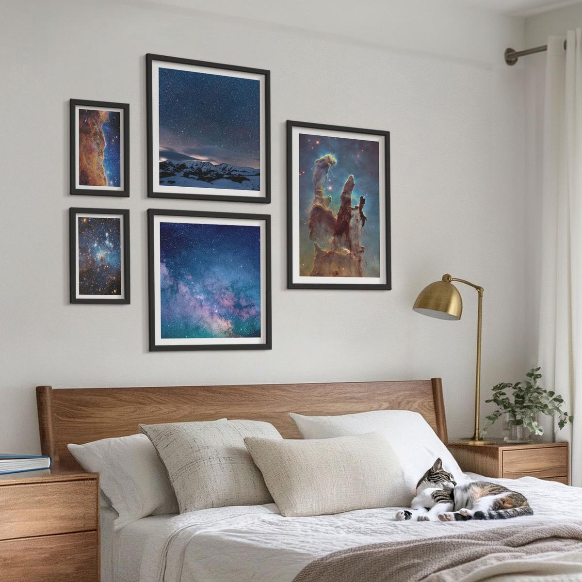 BILDER SET 5er Set - 50x50 cm & 20x30 cm & 40x60 cm Schwarzer Rahmen - Weltraumlandschaften von Galaxien - Schwarz, Kunststoff (40/60cm) - TULUP