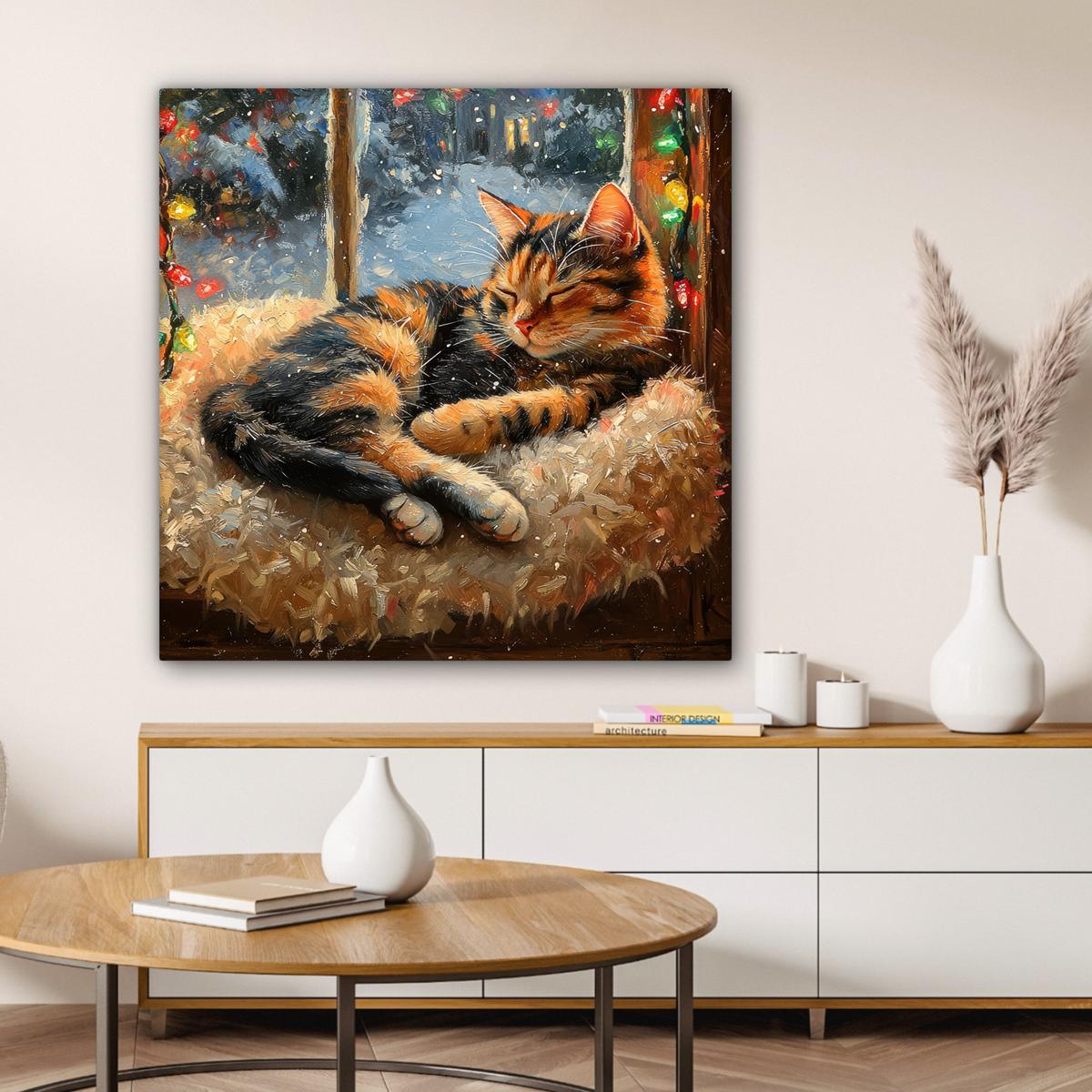 LEINWANDBILD Katze - Weihnachten - Winter - Tier Deko Groß 90x90 cm - Bernsteinfarben, Textil (90/90cm) - MuchoWow