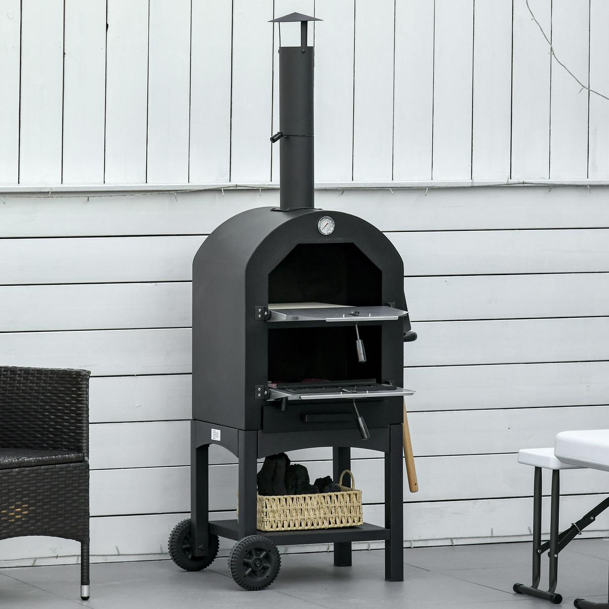 PIZZAOFEN, Kohlenstoffstahl, Schwarz - Schwarz, Metall (54/161/63cm) - Outsunny