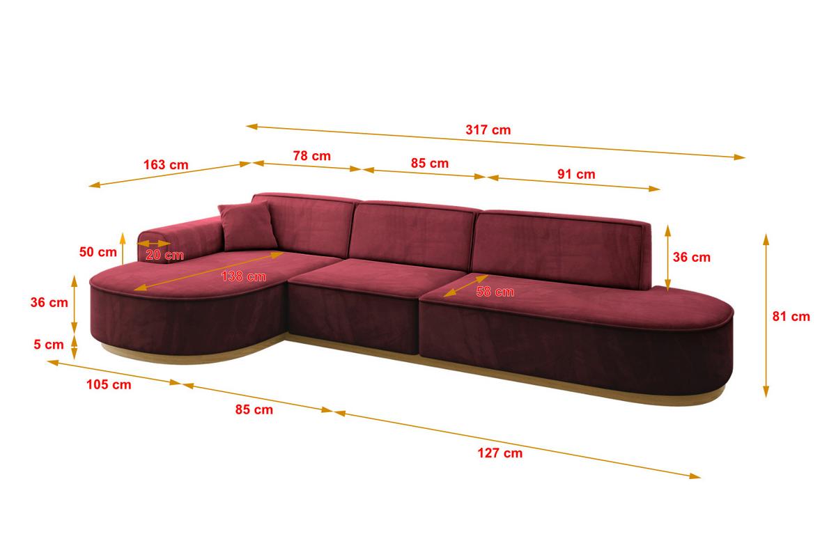 ECKSOFA Ottomane Links MARI-L2-v2 - 328x171x83 cm Bordeaux Velours - Bordeaux, Holzwerkstoff/Textil (328/171cm) - ALTDECOR