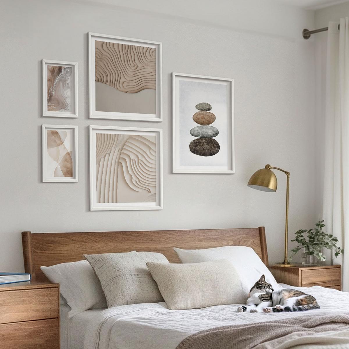BILDER SET 5er Set - 50x50 cm & 20x30 cm & 40x60 cm Weißer Rahmen - Abstrakte bemalte Strukturen - Weiß, Kunststoff (40/60cm) - TULUP