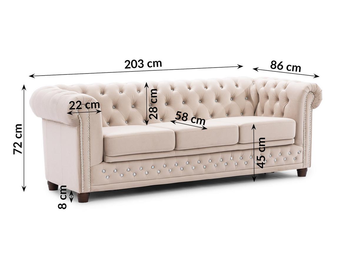 CHESTERFIELD-SOFA 3-Sitzer mit Schlaffunktion Cleo Blink Beige Samt mit Kristallsteppung und braunen Massivholzfüßen - Beige/Braun, Holz/Textil (203/72/86cm) - S-Style