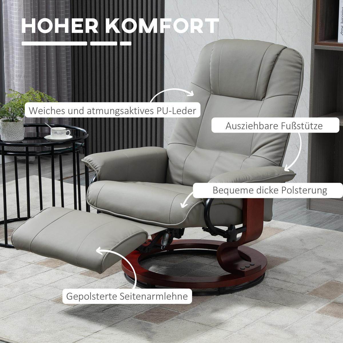 FERNSEHSESSEL Relaxsessel Liegesessel Kunstleder 360° Drehstuhl Holzfuß neigbar - Braun/Grau, Holz/Kunststoff (87/100/78cm) - HOMCOM