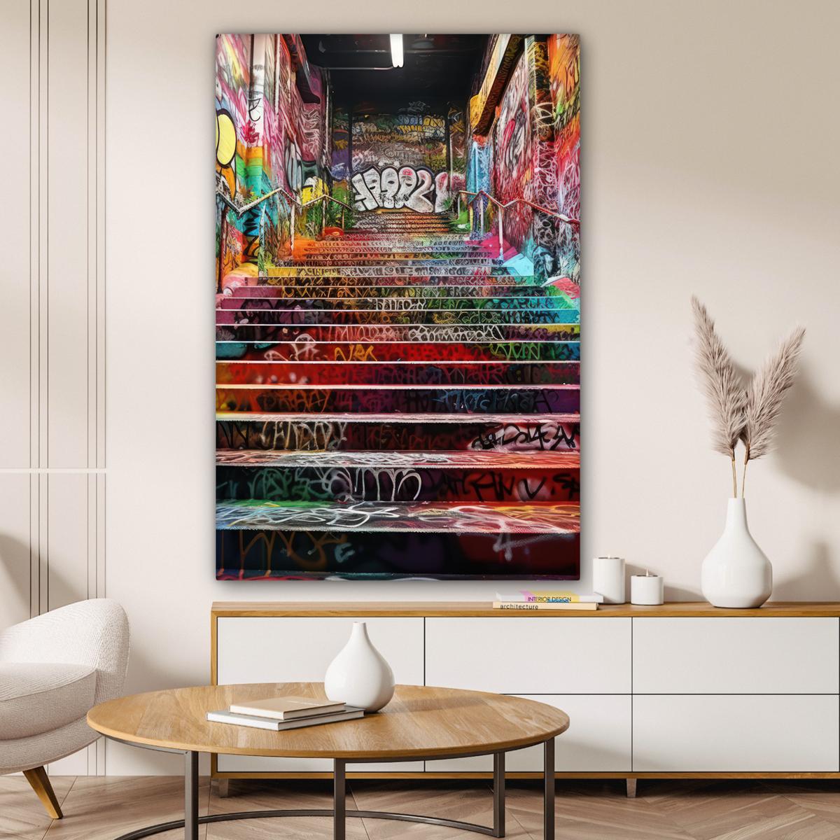 LEINWANDBILD Treppe - Graffiti - Farben - Kunst Deko Groß 90x140 cm - Multicolor, Textil (90/140cm) - MuchoWow