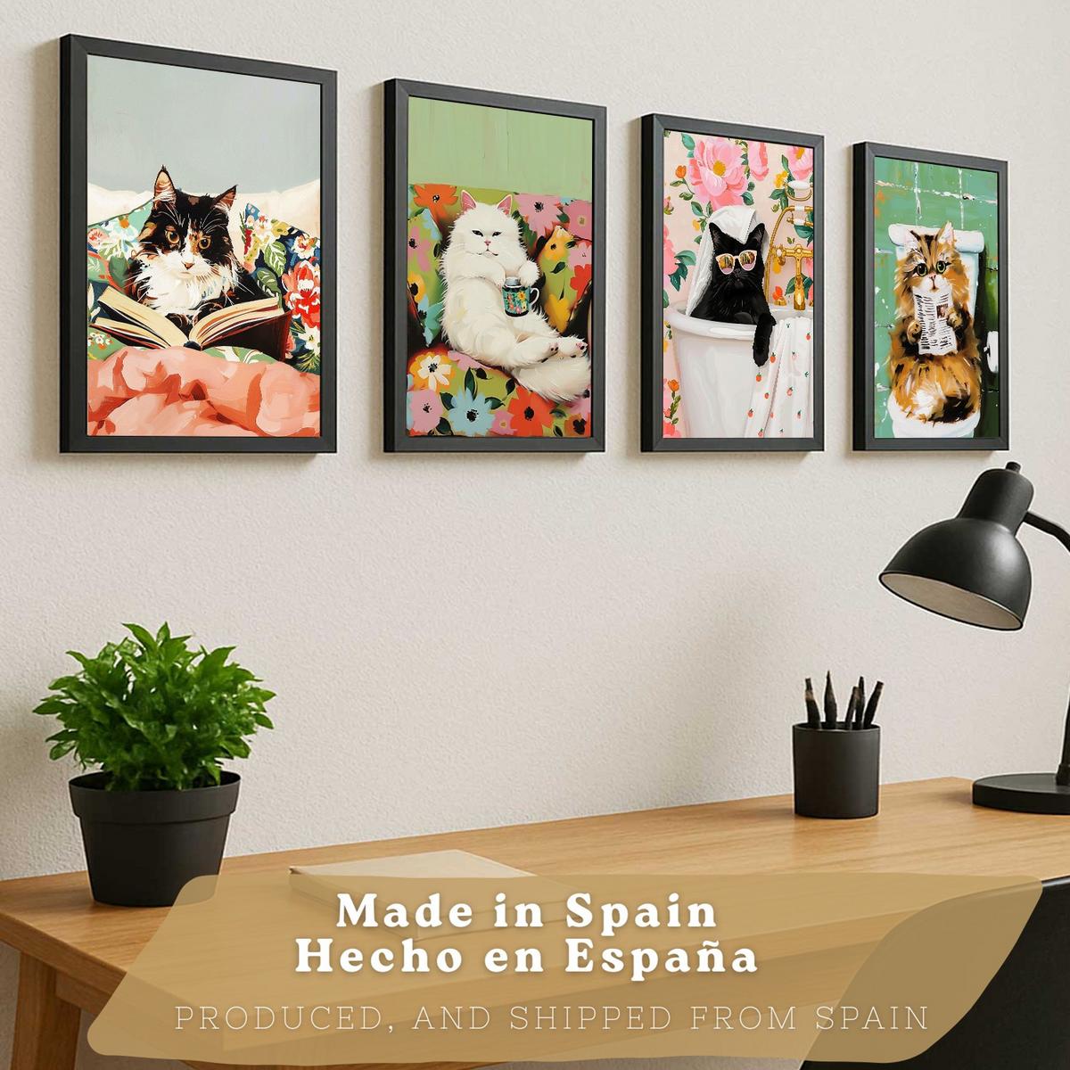 POSTER 4er Kunstdruck-Set Wandbilder Katzen modern Wohnzimmer Deko, Schlafzimmer, Küche, Badezimmer Rahmenlos A3 - Klar, Papier (29.7/1/42cm) - Nacnic