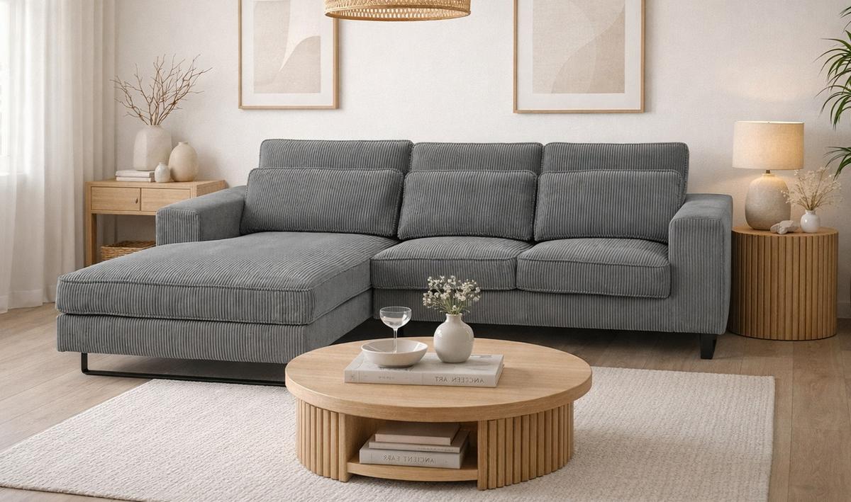 SOFA grau Cord 276 cm, Ecksofa 4-Sitzer, L-Sofa Ottomane links - Schwarz/Grau, Holz/Textil (276/183cm) - Inn.Furn