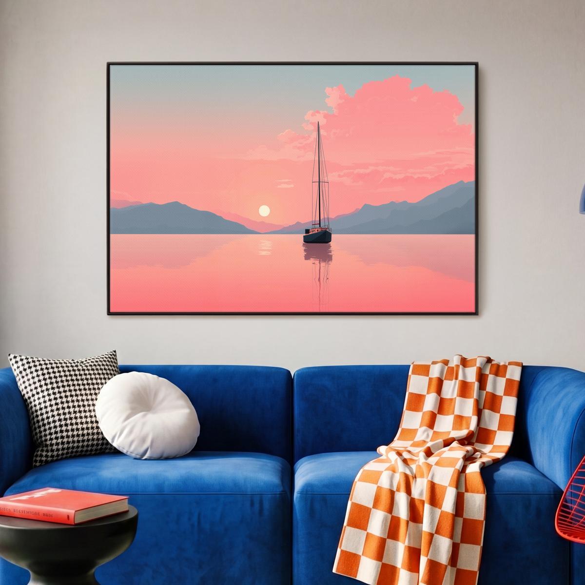 LEINWAND Bilder mit Rahmen - Segelboot - Rosa Meer - Sonnenuntergang - Berge - 90x60 - Rosa, Textil (90/60cm) - MuchoWow