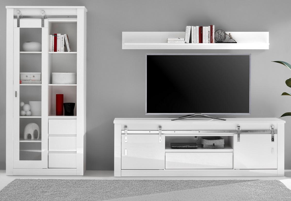 WOHNWAND weiß Hochglanz 3-teilig 309 x 201 cm, Wohnkombination mit Soft-Close - Chromfarben/Weiß Hochglanz, Glas/Holzwerkstoff (309/201/43cm) - Furn.Design