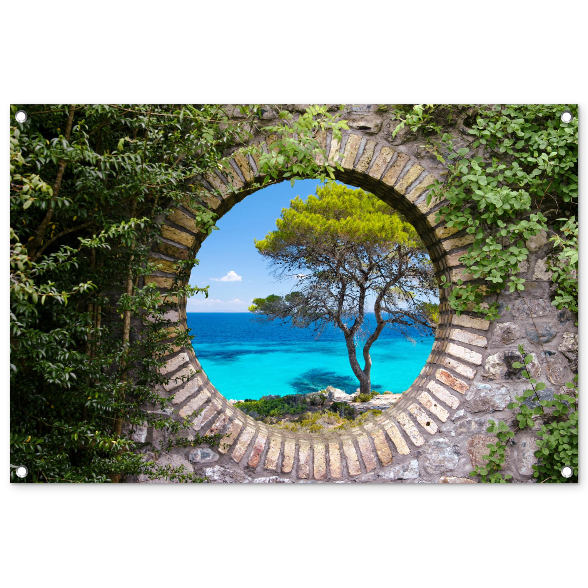 GARTENPOSTER Meer - Baum - Tropisch - Ausblick Gartendeko 90x60 cm - Graubraun, Kunststoff (90/60/0.2cm) - OnlyWow
